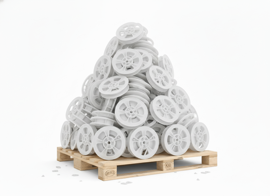 Scrap PS Reel Recycling in Singapore Polystyrene (PS) reels stacked for recycling in Singapore